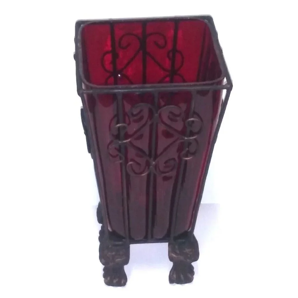 Vintage Vase Metal caged/imprisoned Bubbled RED Glass Footed Art glass vase EUC